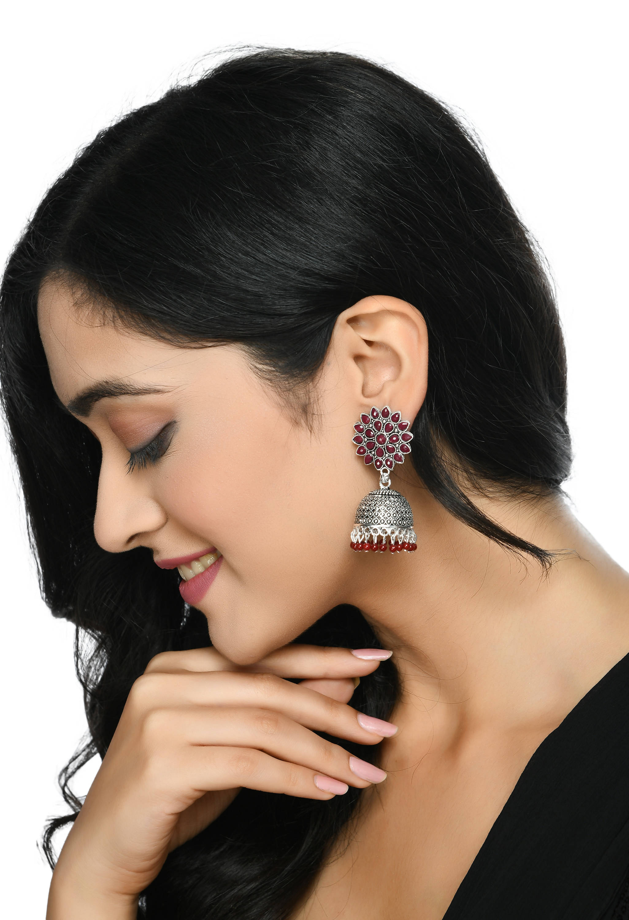 Traditional Kundan Jhumka Earrings with Rich Maroon Beads