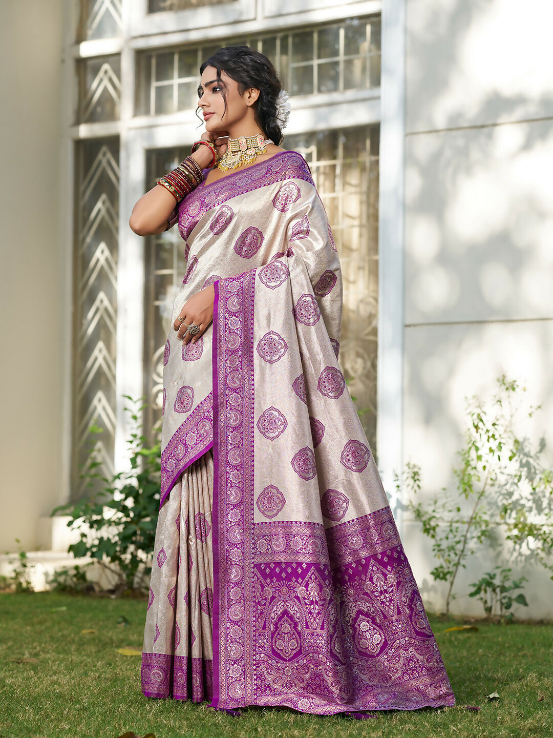 Cream and Purple Silk Blend Saree Elegant Traditional Style