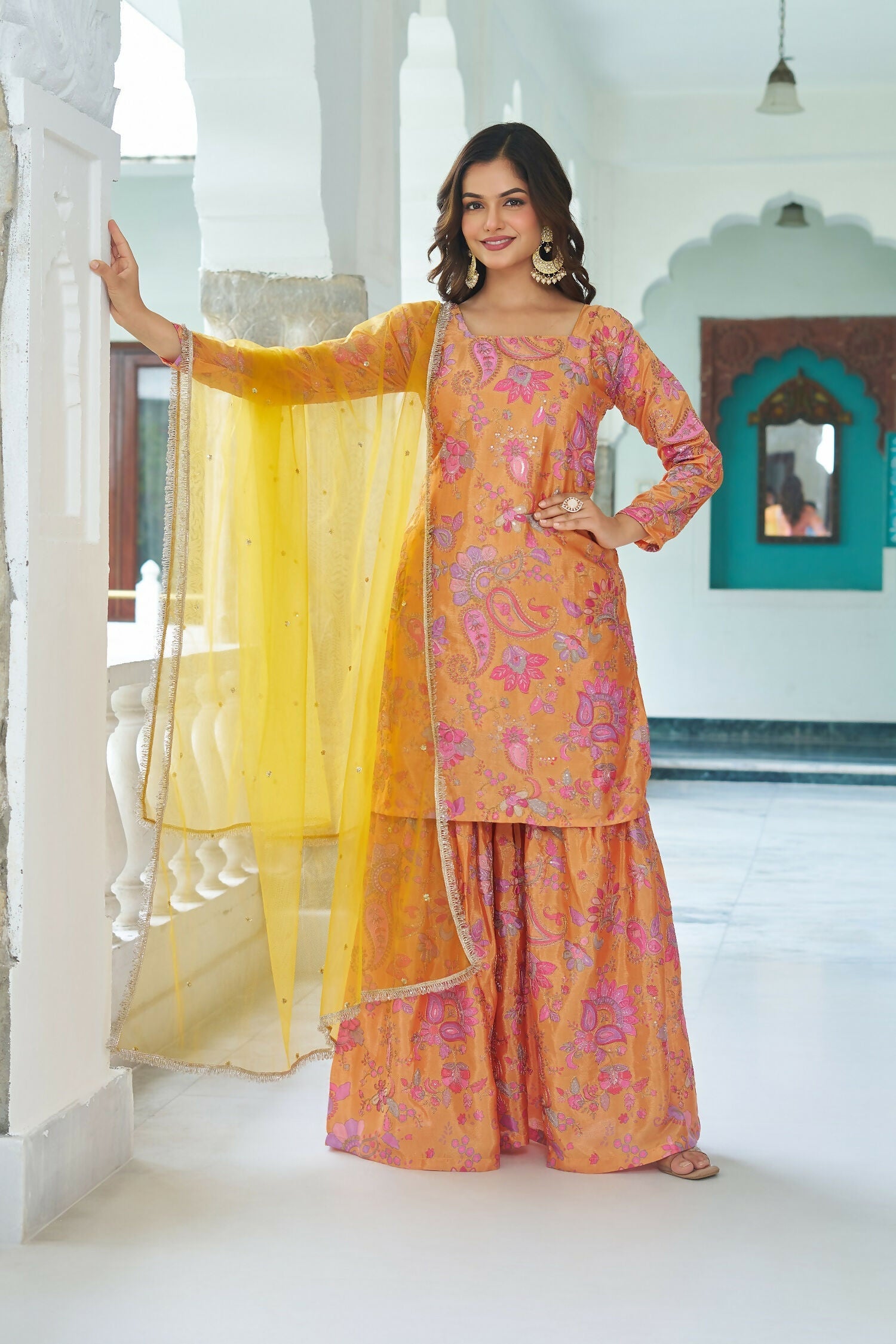 Yellow Chinnon Embroidery Sequence Work Readymade Kurta Set