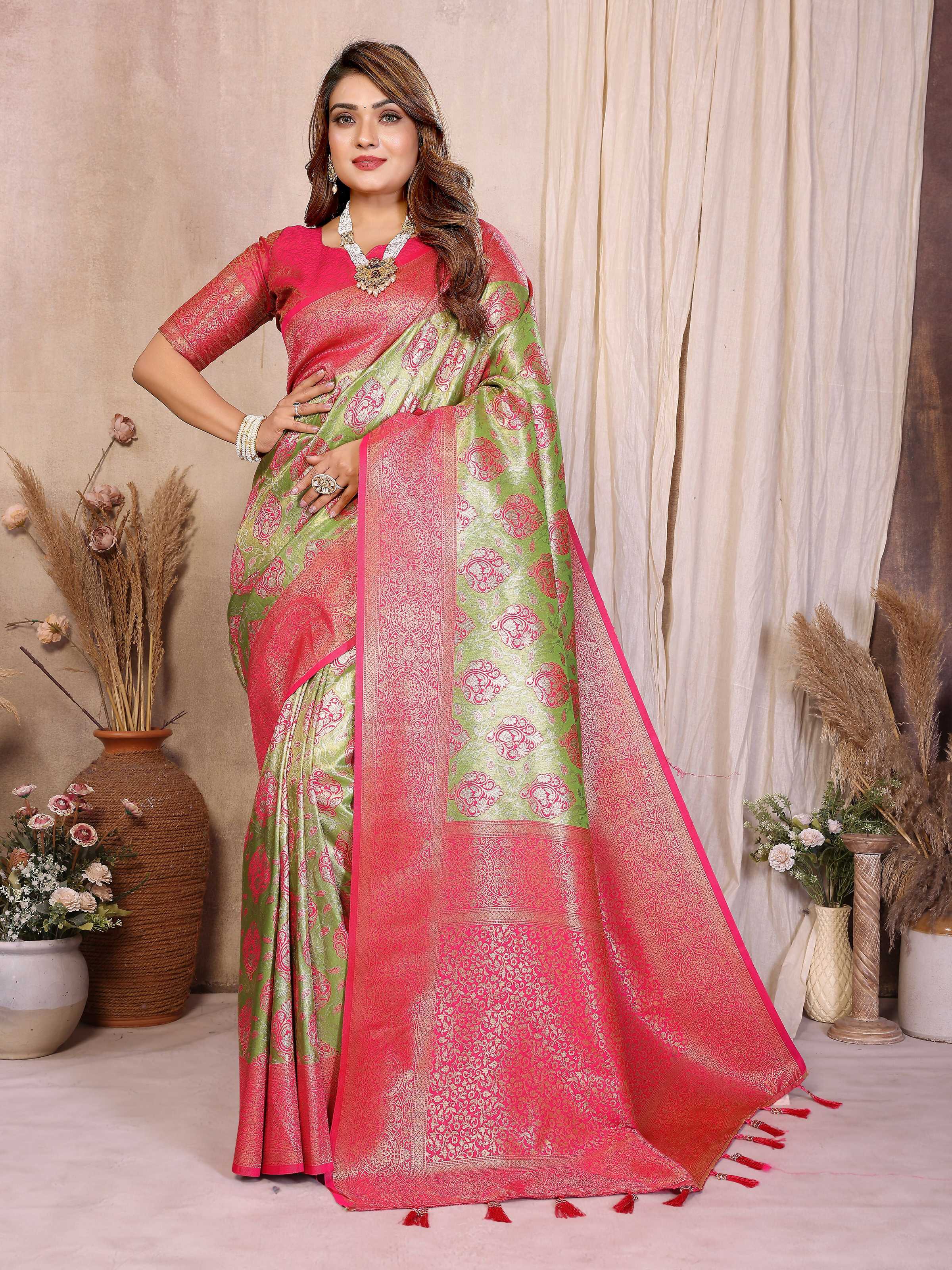 Pista green Banarasi Tissue Silk saree with traditional weaving