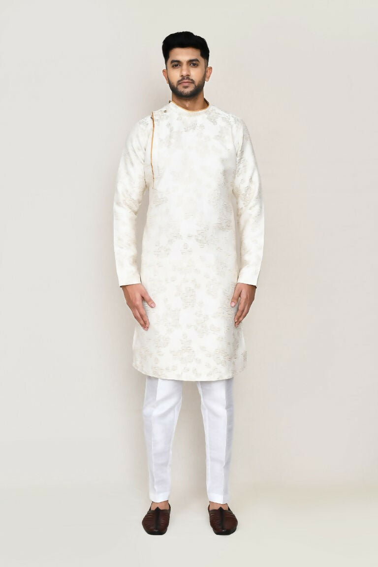 Cream Jacquard Silk Kurta with Straight Fit Pant