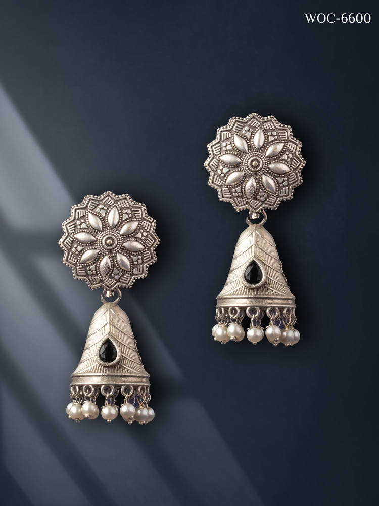 Oxidised Silver Bell Stone Jhumka Earrings for Girls and Women