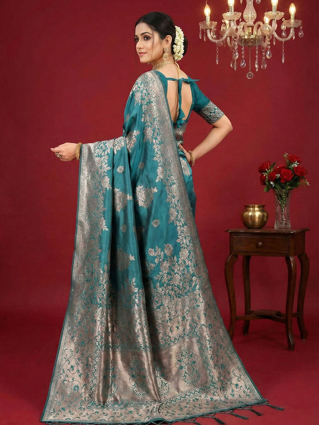 Sea Green Silk Blend Saree with Matching Blouse