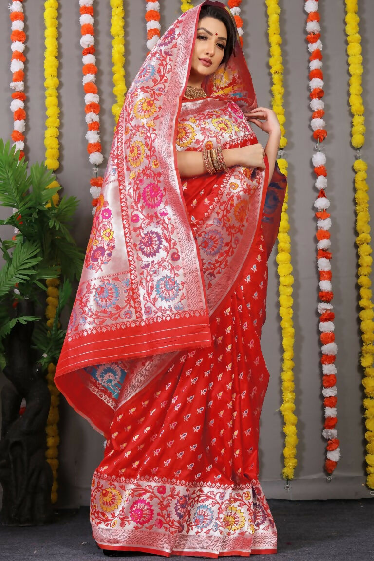 Women's Red Banarasi Silk Saree with Zari Woven Pattern