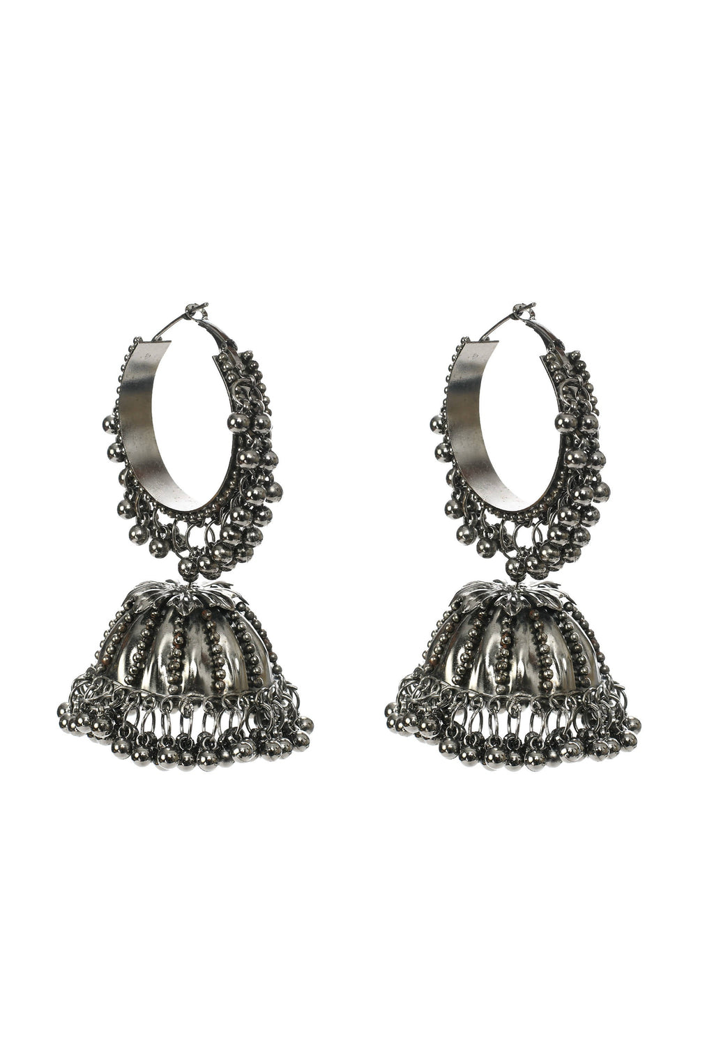 Oxidised black-plated jhumka earrings with ghungroo detail