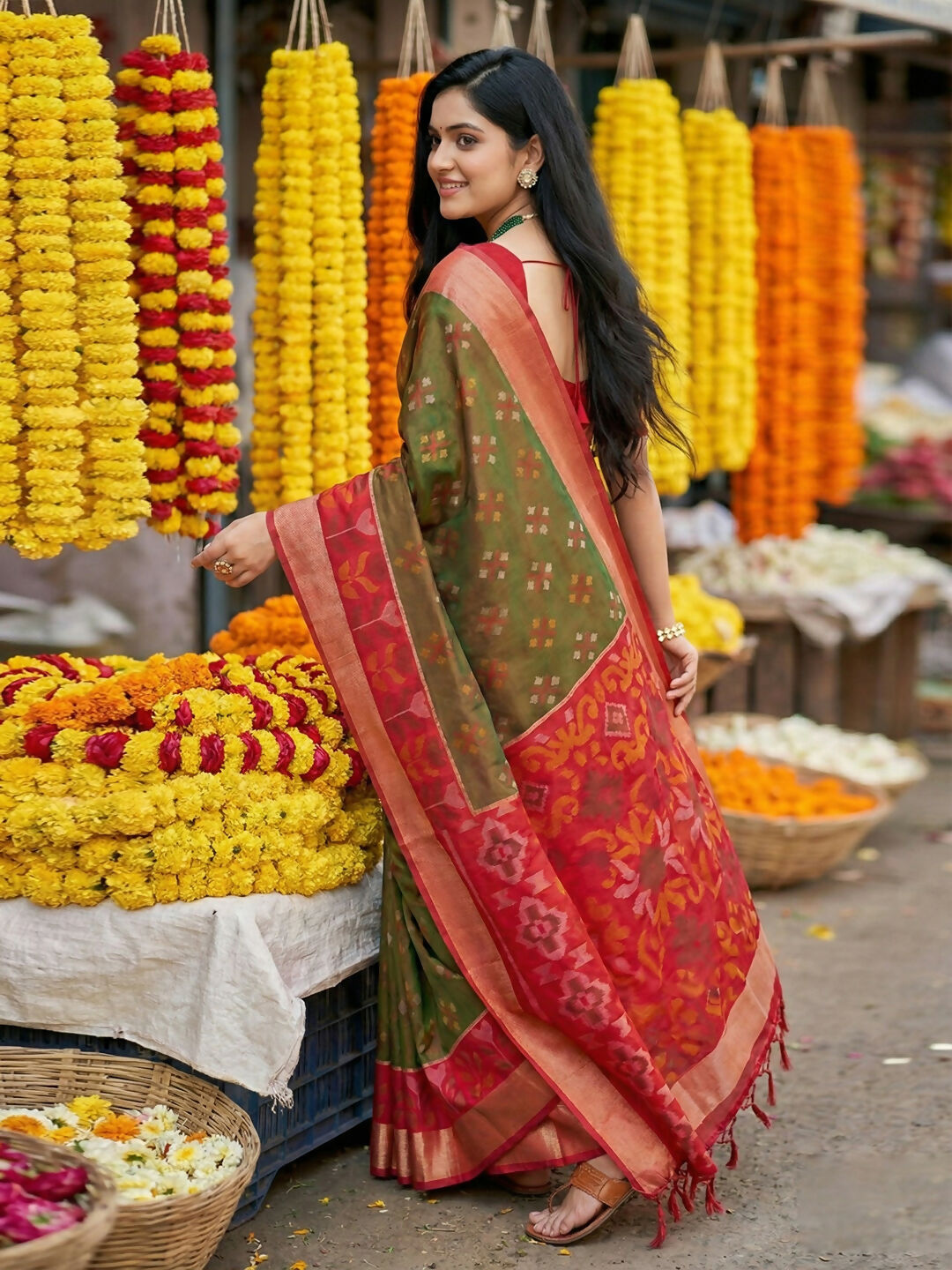 Brown Pochampally Silk Saree with Matching Blouse