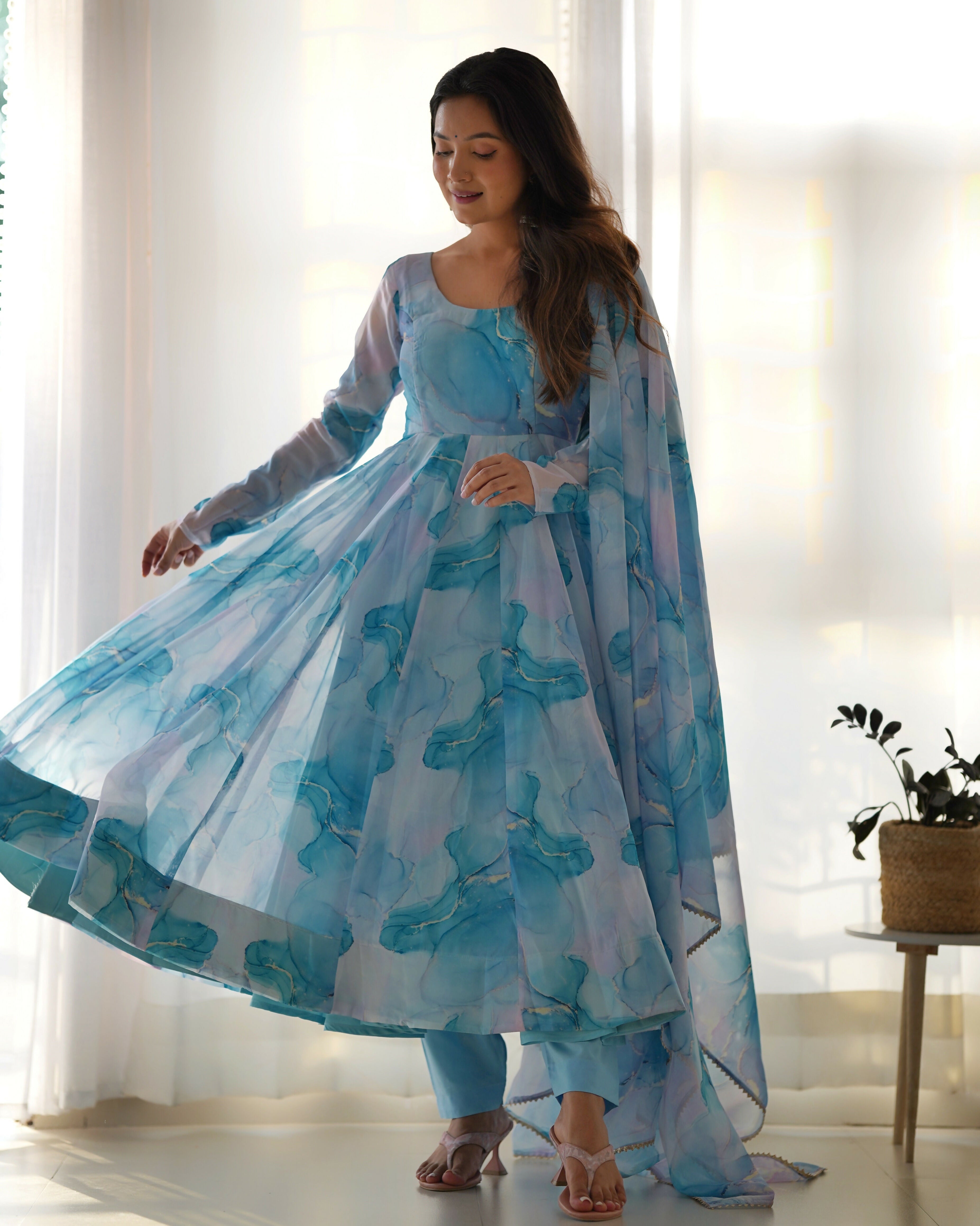 Sky Organza Kurta Set with Sequin Embroidery Work