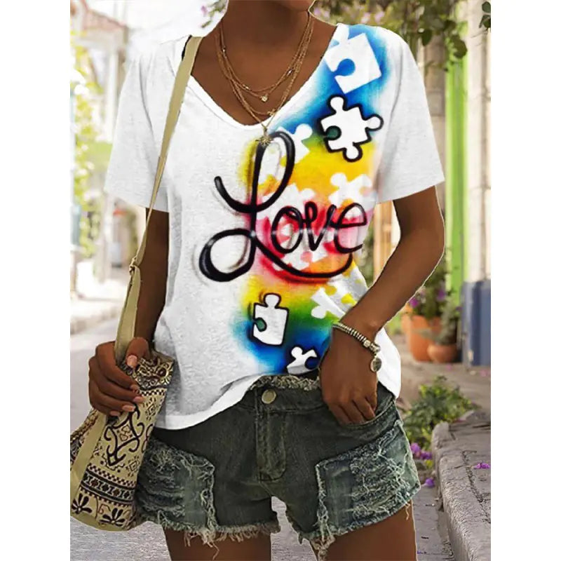 Women's Graphic Print V-Neck T-Shirt Casual Short Sleeve Tee - Image 46