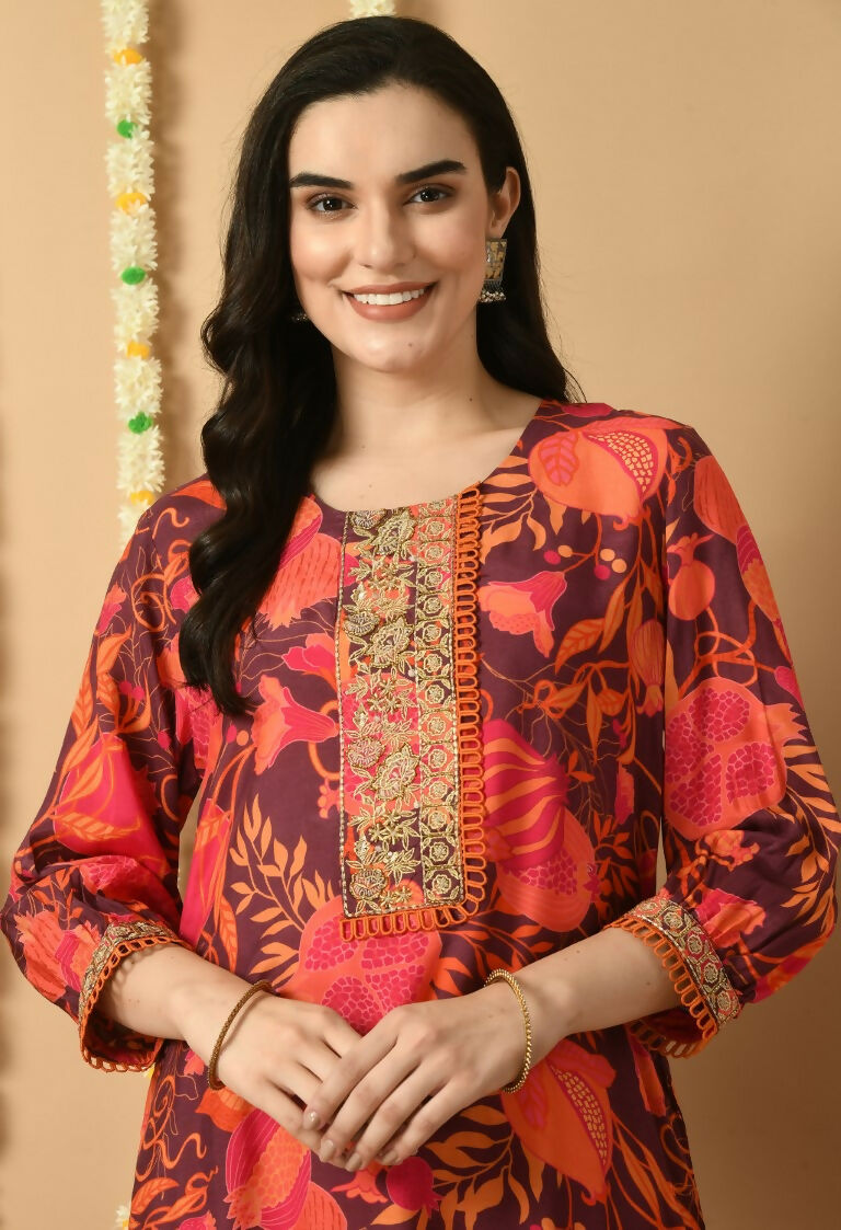 Red Maslin Kurta Set with Cotton Bottoms - 2-Piece Ethnic Wear