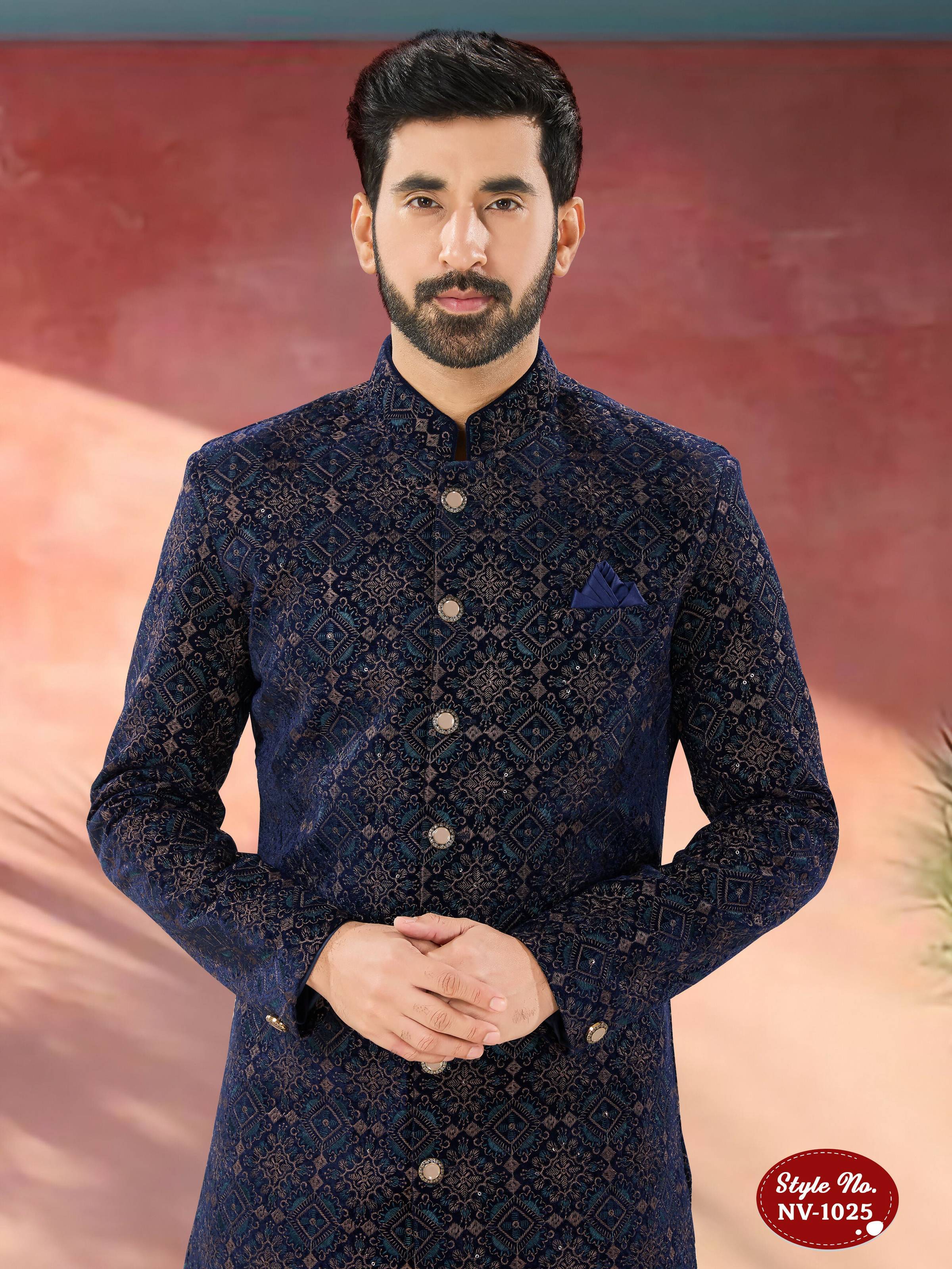 Men's Blue Velvet Indo-Western Kurta Set with Thread and Sequence