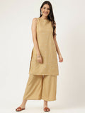 A stylish beige rayon straight kurta and bottom set featuring detailed embroidery work.