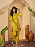 Mustard embroidered pure cotton co-ord set with a contemporary silhouette