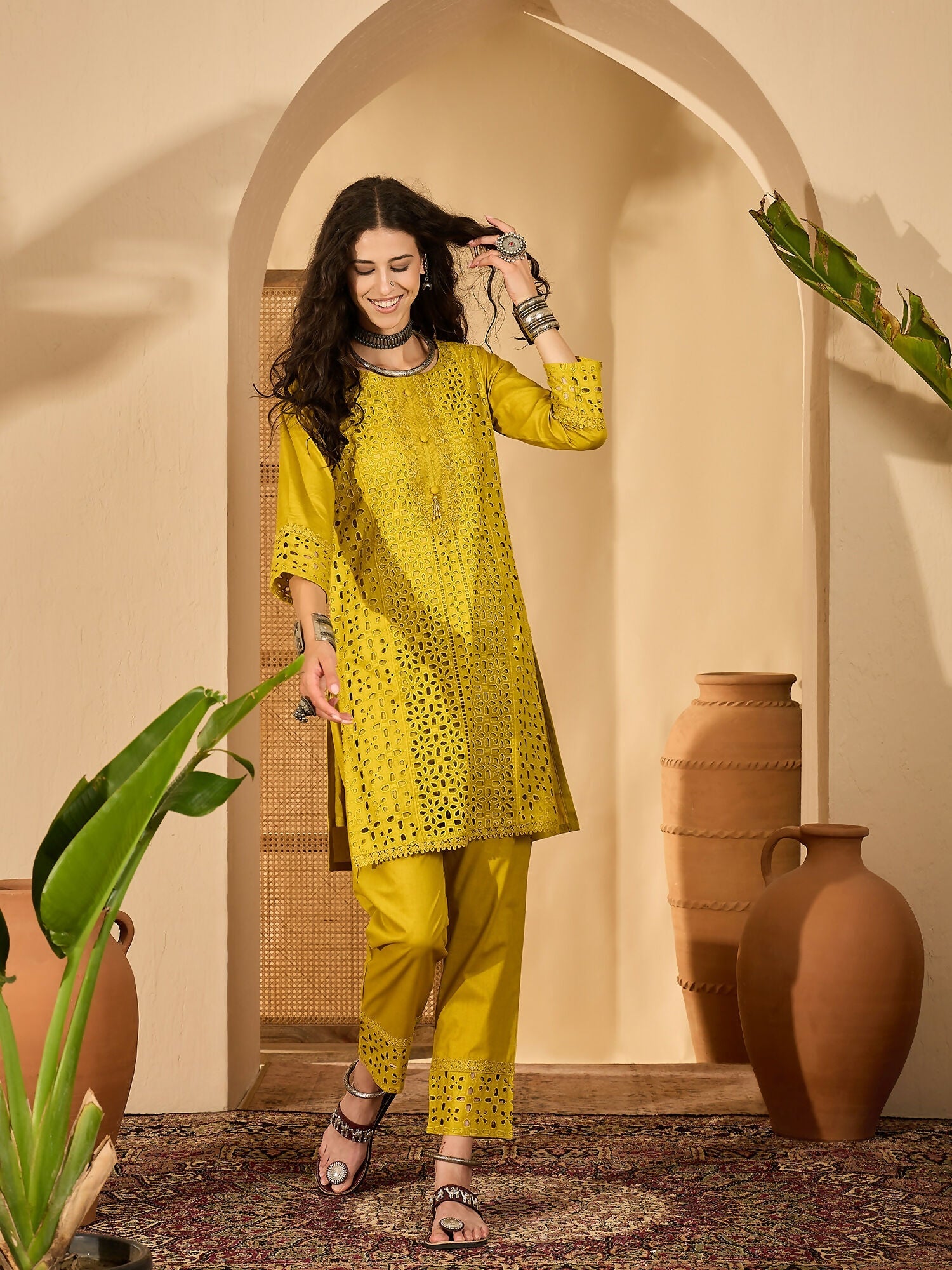 Mustard embroidered pure cotton co-ord set with a contemporary silhouette
