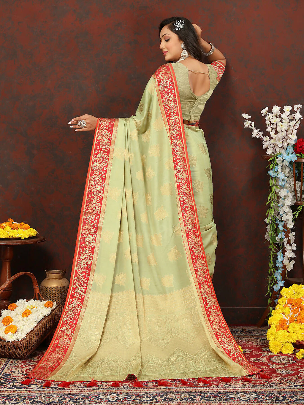 Seagreen Cotton Saree with Zari Weaving Design and Silk Blouse