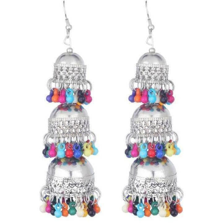 Sterling silver jhumki earrings with decorative multicolor beads