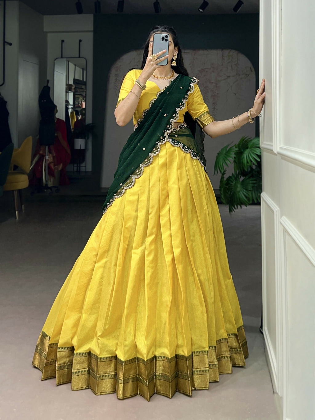 Yellow Cotton Silk Lehenga Choli with Zari Weaving Work