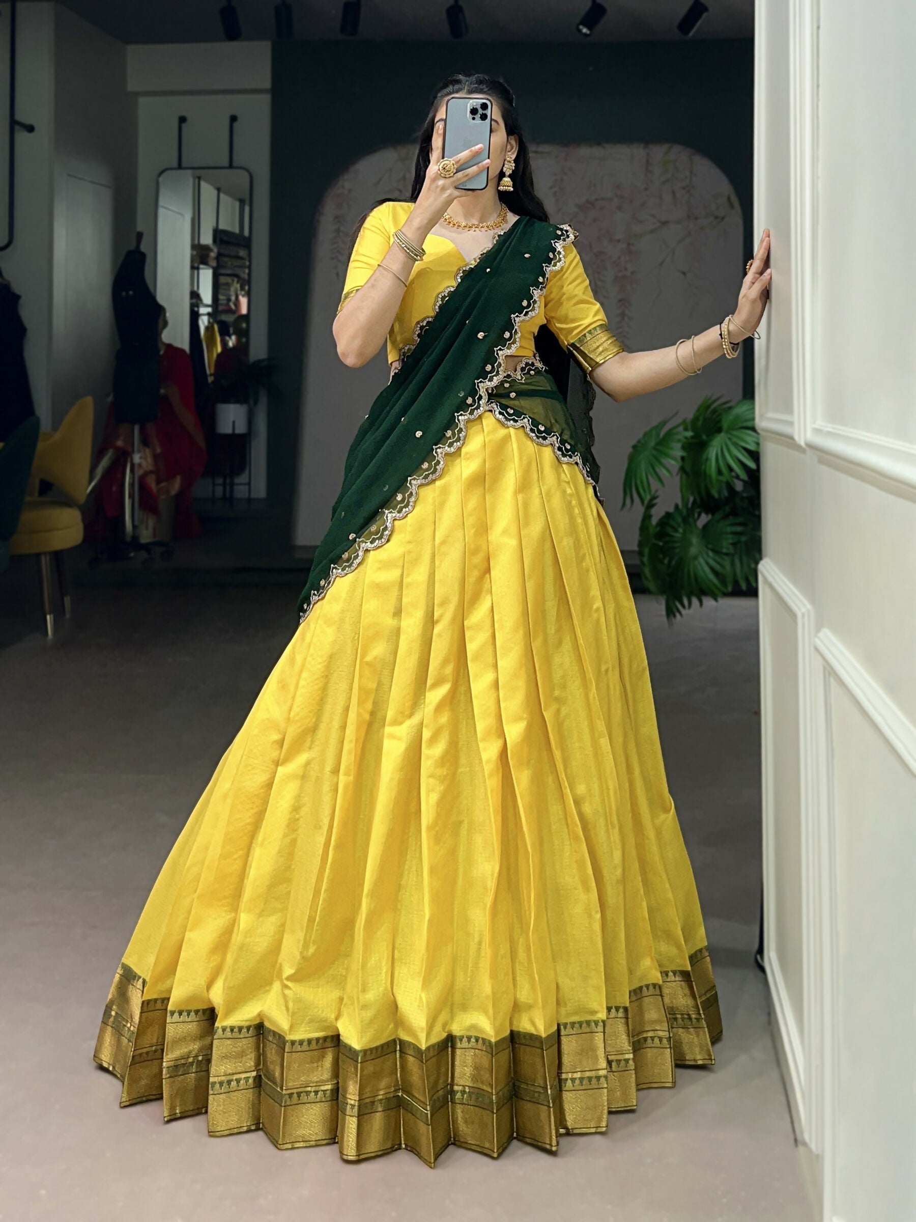 Yellow Cotton Silk Lehenga Choli with Zari Weaving Work