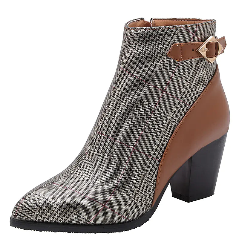 Women's Plaid Print Ankle Boots with Chunky Heel and Buckle - Image 7