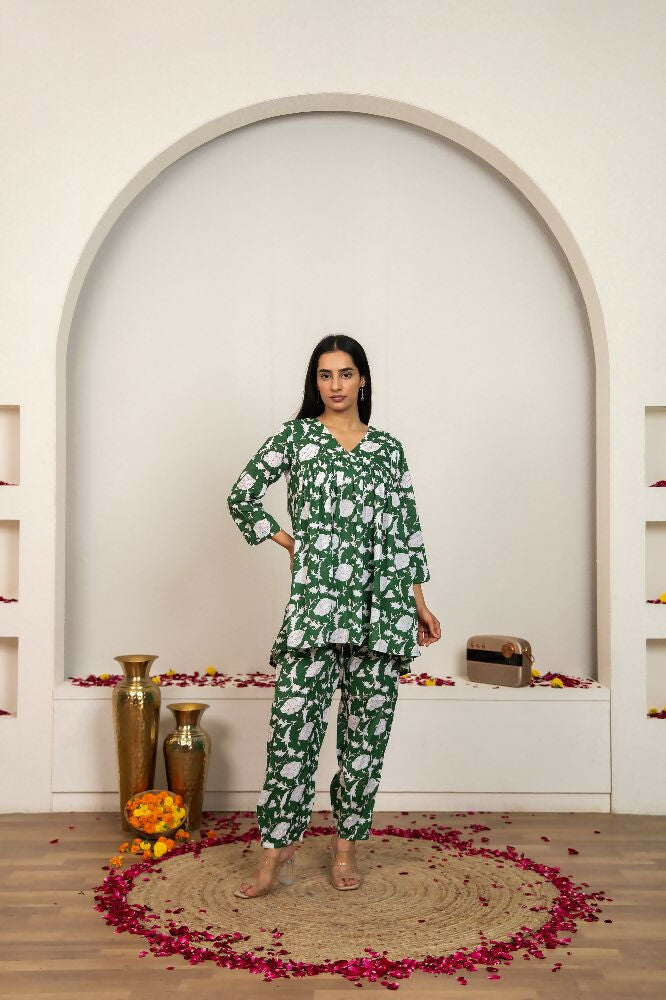 Green Hand Block Printed Cotton Co-Ord Set for Women