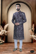 Boys wine-colored embroidered Sherwani-style Kurta with white pyjama pants