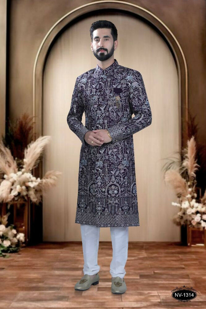 Boys wine-colored embroidered Sherwani-style Kurta with white pyjama pants