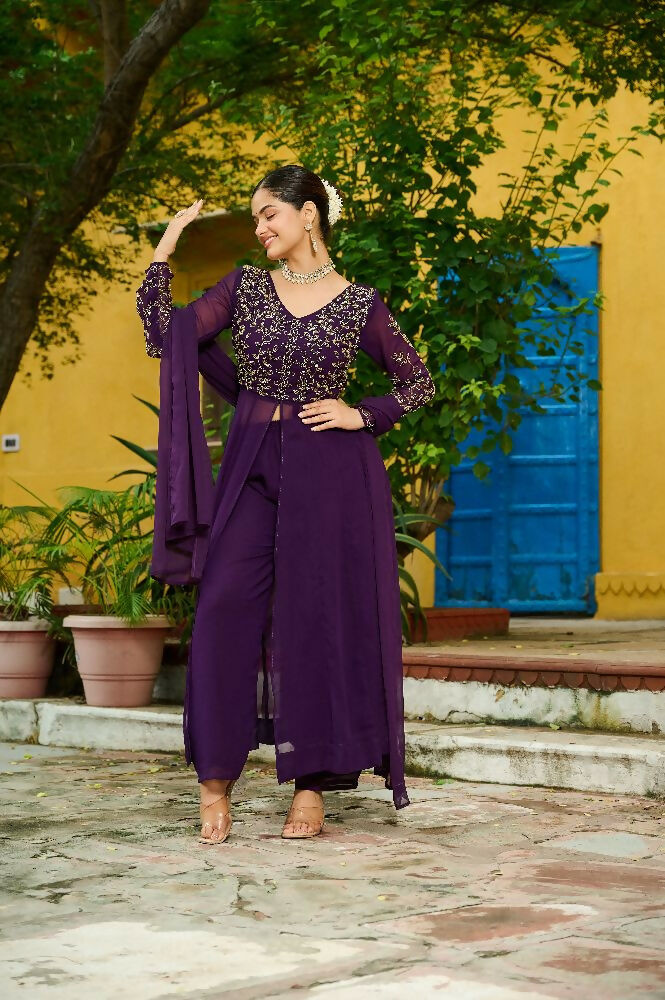 Elegant purple georgette readymade kurta set with intricate sequin embroidery work