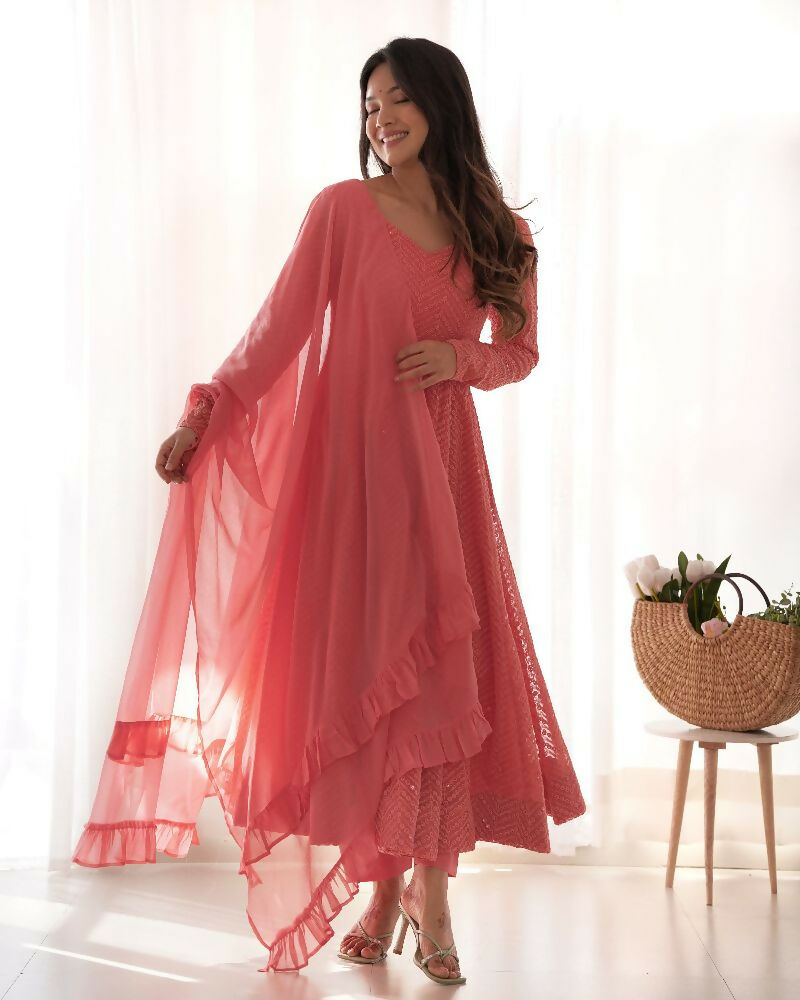 Peach Kurta Set with Georgette Sequin Embroidery Work (3-Piece)