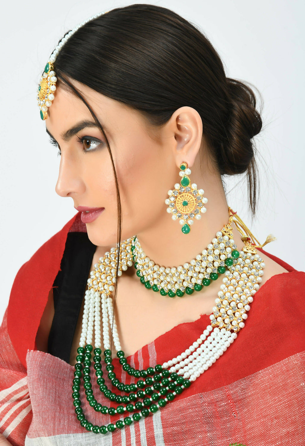 Gold-Plated Rani Haar Long Necklace with Cream and Green Pearls