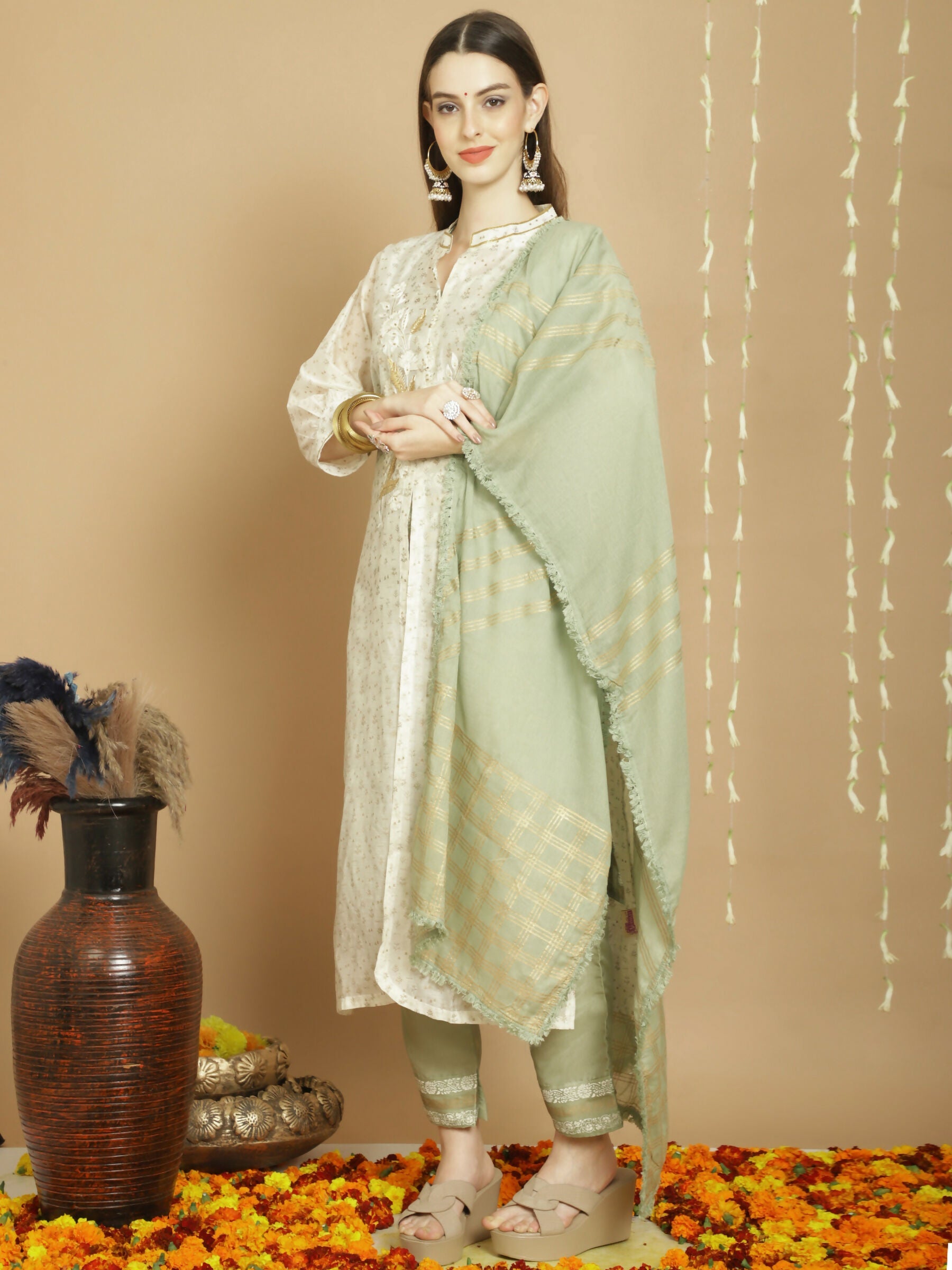 Off White Chanderi Silk A-Line Kurta Set with Jardoshi & Trousers