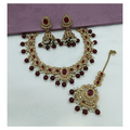 Elegant maroon stone work necklace set with matching earrings