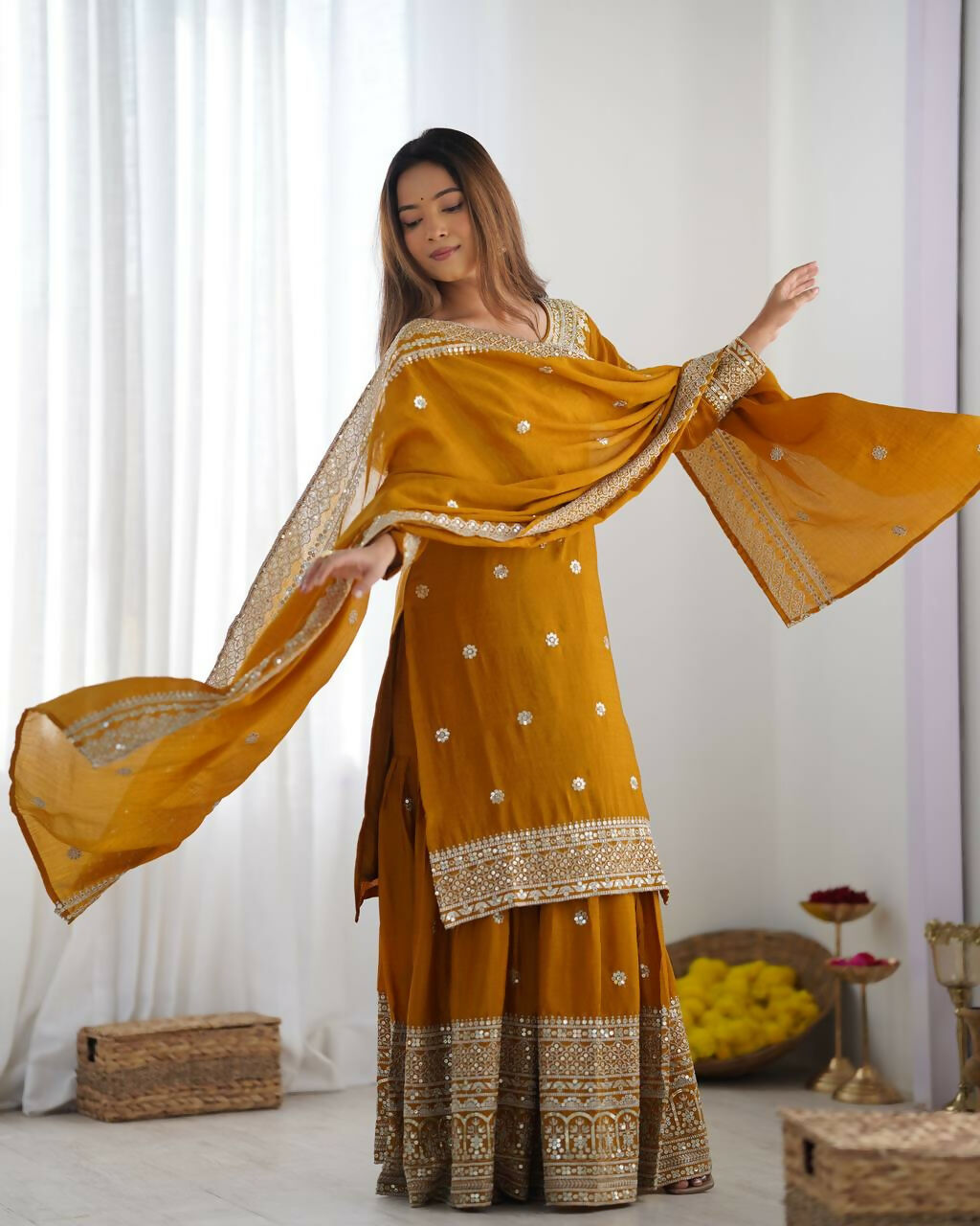 Mustard Silk Kurta Set with Sequins, Zari & Thread Embroidery