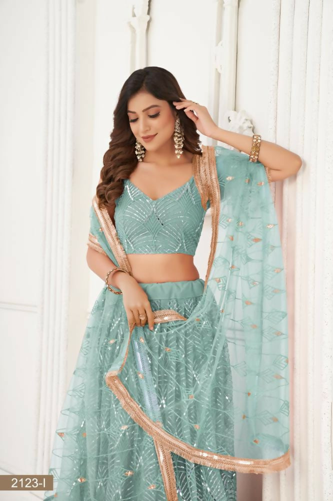 Ocean Blue Butterfly Net Lehenga with Mirror and Sequence Work