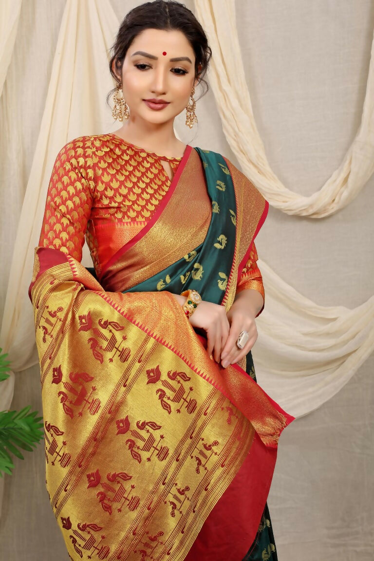 Bottle Green Banarasi Silk Zari Woven Saree with Red Blouse