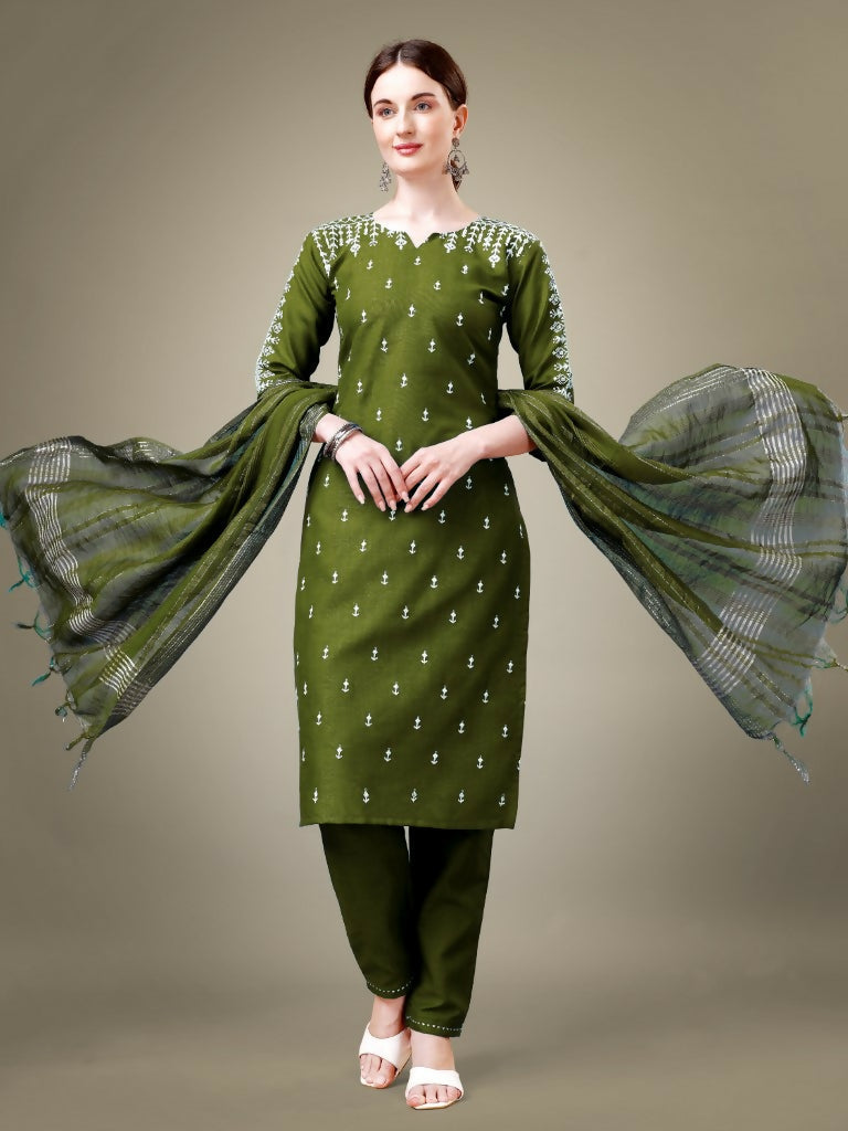 Mehendi green cotton blend straight kurta with embroidery and sequence detail, matching trousers and dupatta.