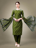 Mehendi green cotton blend straight kurta with embroidery and sequence detail, matching trousers and dupatta.