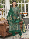 Green velvet straight kurta with Resham thread work, paired with Pashmina trousers and a matching dupatta.