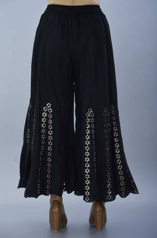 Women's Black Mirror Work Palazzo Pants - Elegant Wide Leg