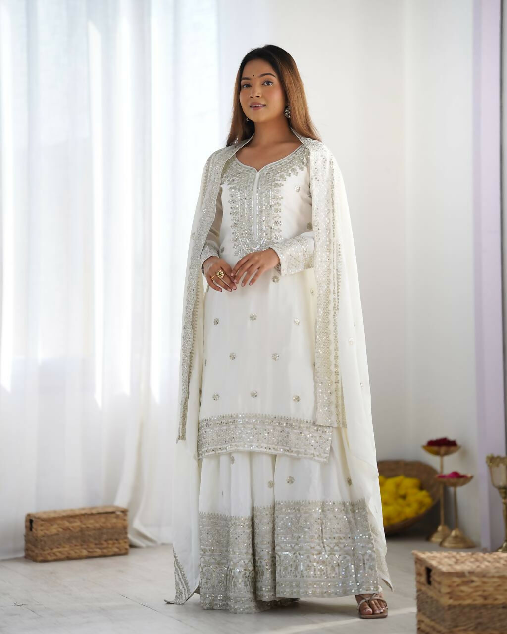 White Silk Kurta Set with Zari, Sequins & Thread Embroidery
