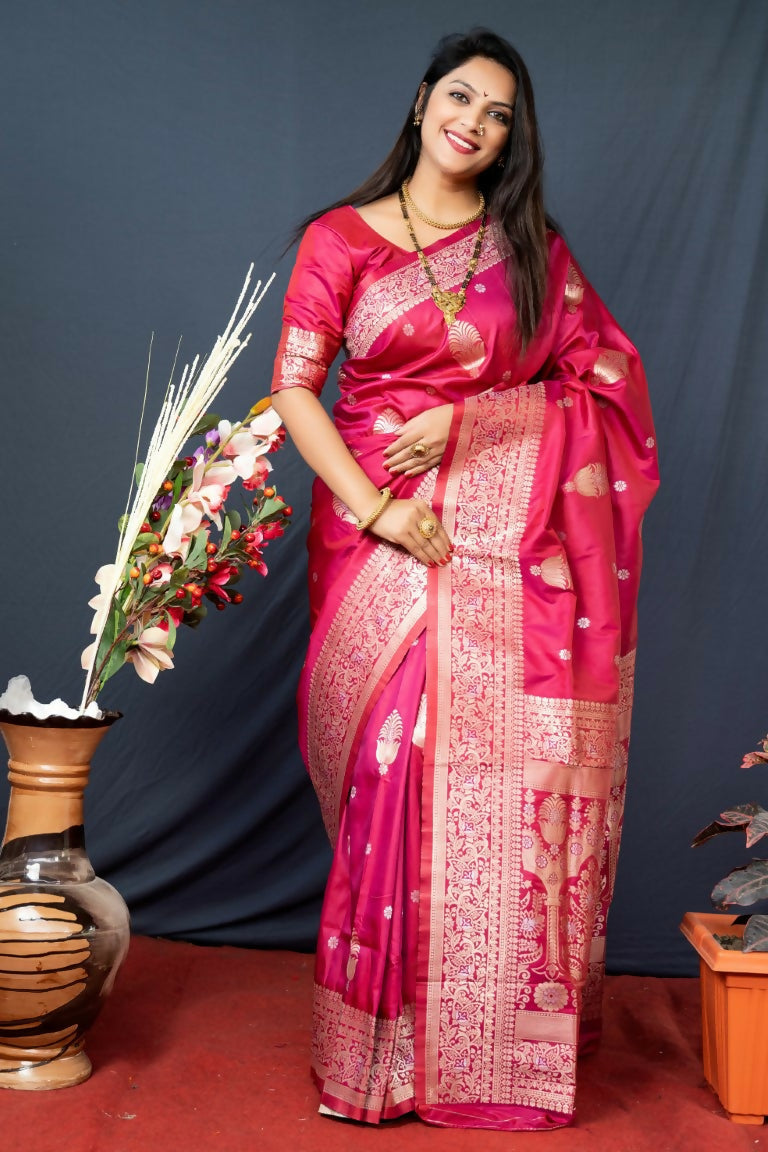 Gajri Red Paithani Silk saree with intricate gold Zari woven borders and matching blouse