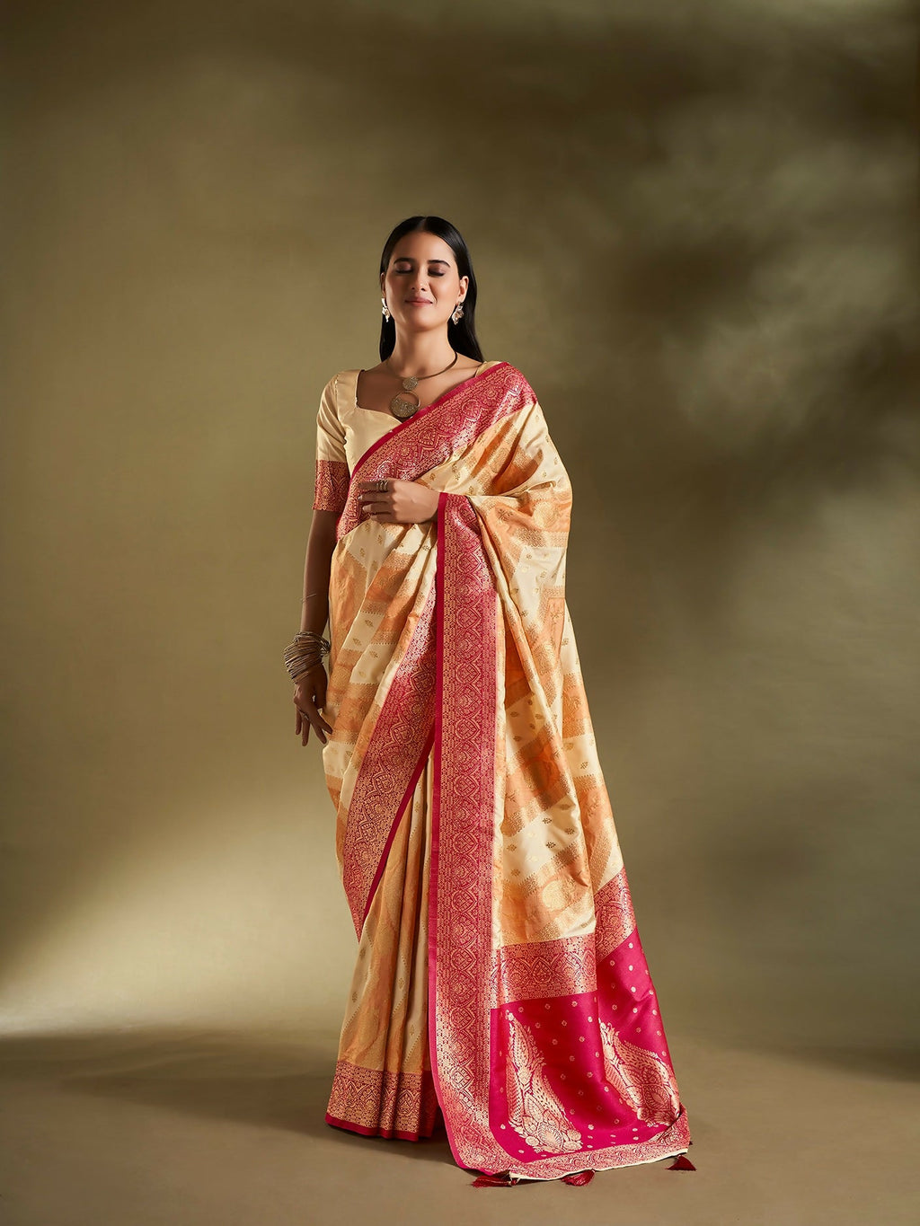 Cream and Orange Banarasi silk saree with detailed weaving border and unstitched blouse piece