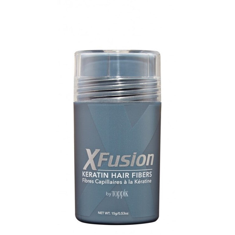 15g bottle of XFusion Hair Building Fibers for concealing thinning hair and adding volume.