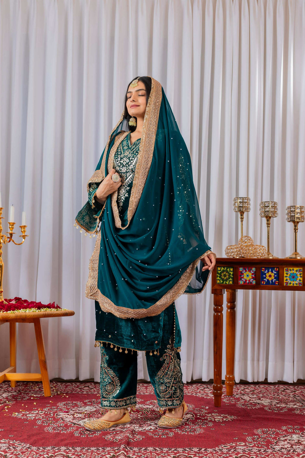 Deep Teal Velvet Embroidered Kurta Set for Women