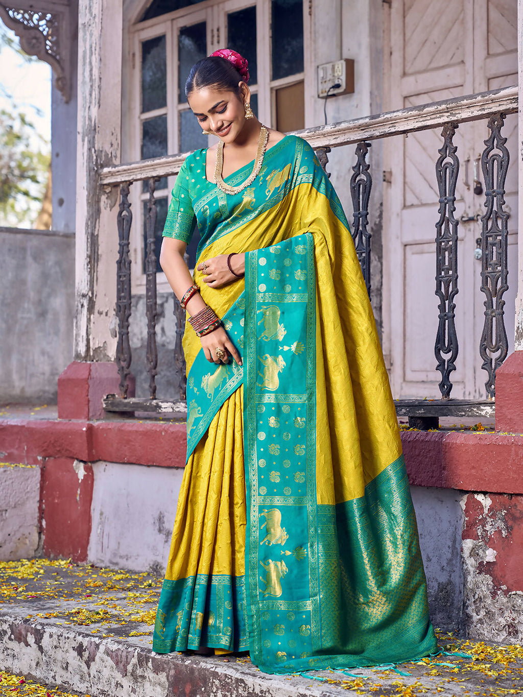 Vibrant mustard soft silk saree with matching blouse