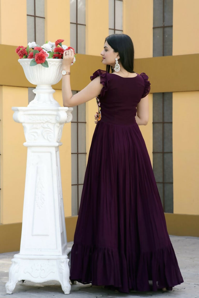 Women's Wine Sequins Thread Embroidery Faux Blooming Anarkali Dress