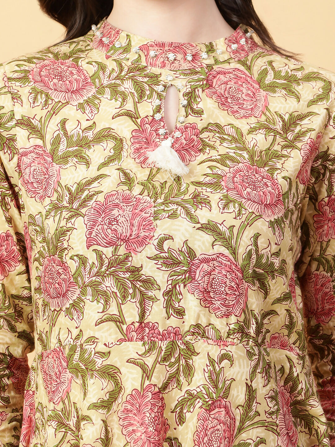 Joban Fashion Beige Cotton Printed & Hand Work Dress