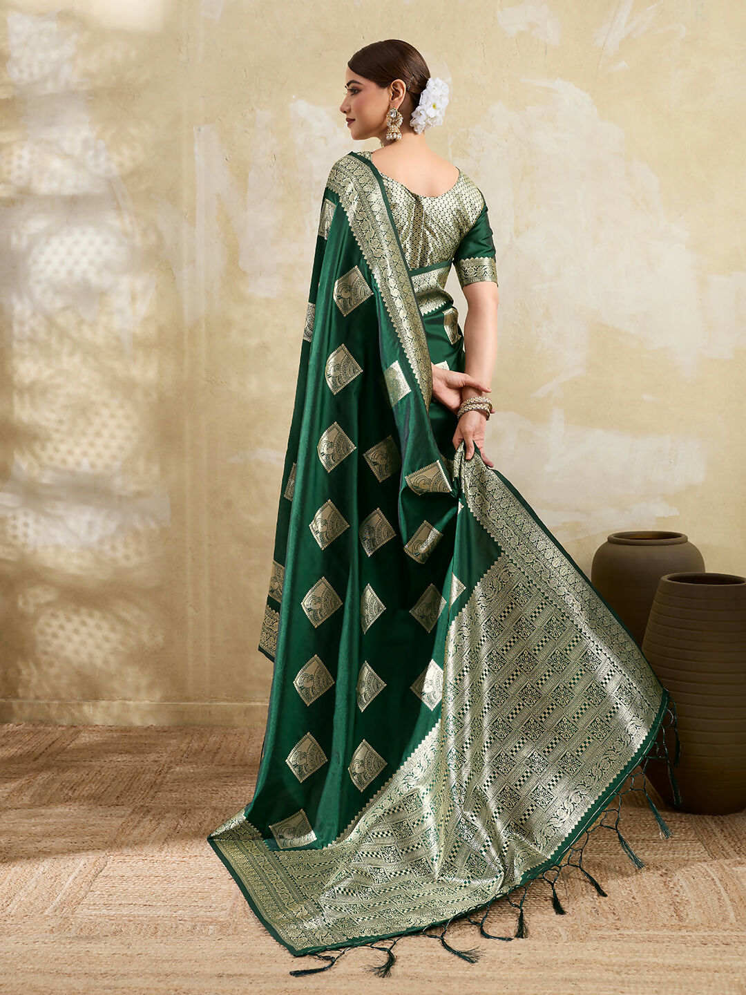 Dark Green Silk Blend Saree with Coordinating Blouse