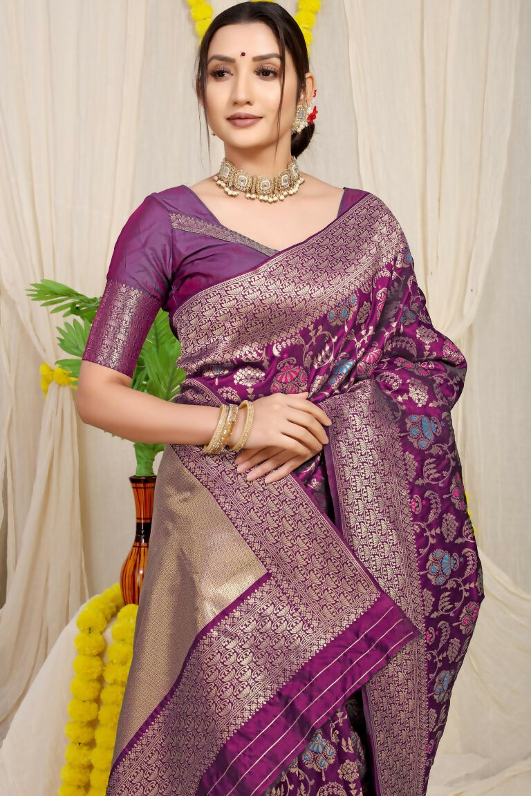 Wine Kanjivaram Silk Saree with Intricate Zari Woven Work
