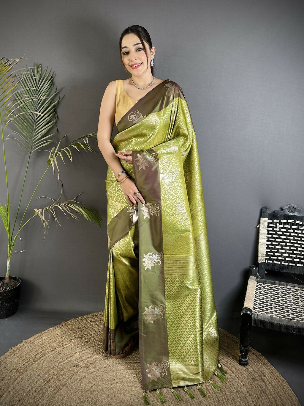 Dusty Green Dharmavaram soft silk saree with intricate zari weaving and matching blouse fabric
