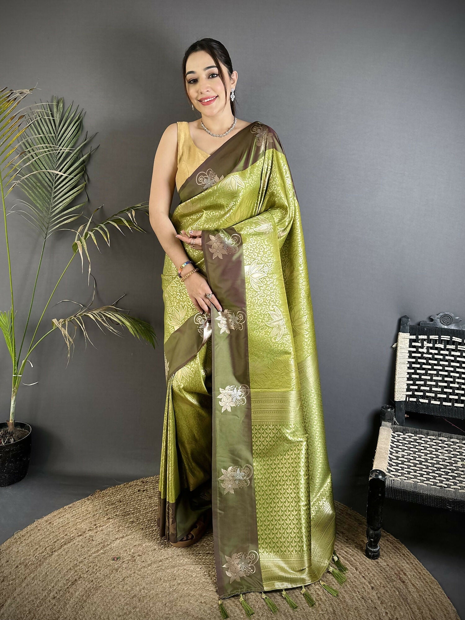 Dusty Green Dharmavaram soft silk saree with intricate zari weaving and matching blouse fabric