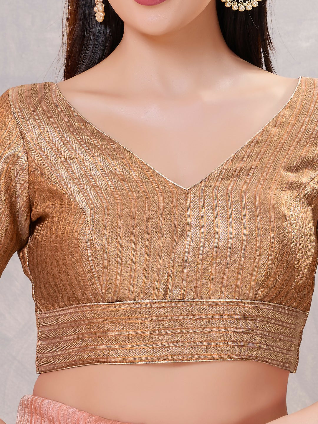 Women's Copper Jacquard Stitched Blouse with V-Neck and Sleeves